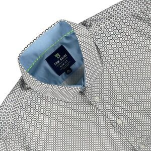 Tom Baine Shirt Mens XL Gray Blue Geometric Short‎ Sleeve Slim Fit Button Down